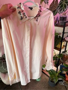 Embellished Collar Cream Button-Up Blouse
